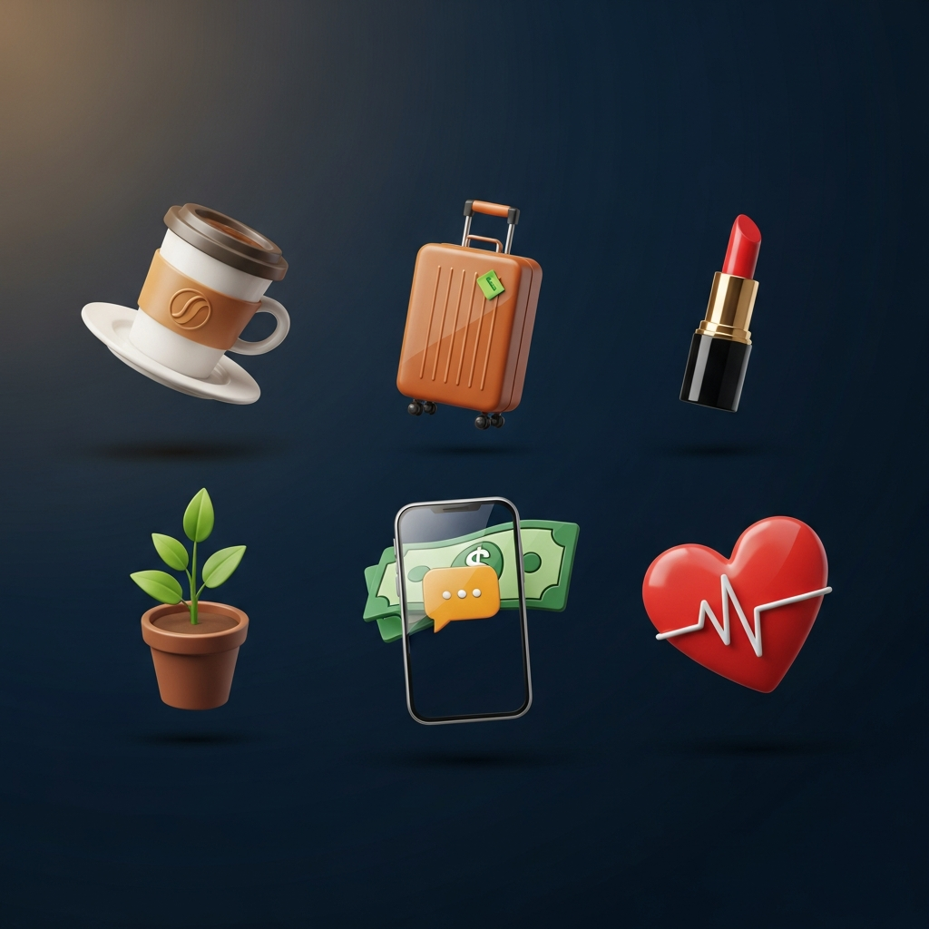 Collage of transparent PNG icons across food, travel, lifestyle and tech niches
