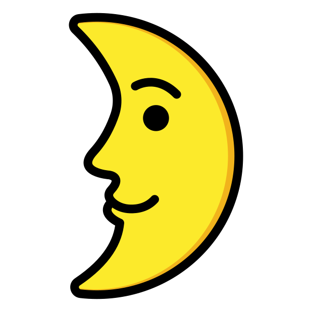 first quarter moon face transparent PNG icon, color version, 618 by 618 pixels